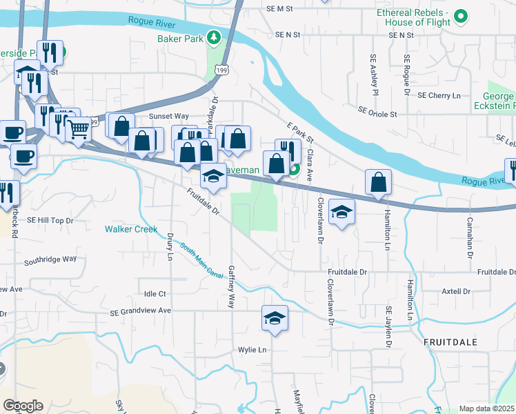 map of restaurants, bars, coffee shops, grocery stores, and more near 1100 Fruitdale Drive in Grants Pass