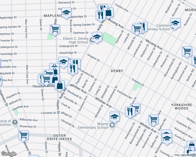 map of restaurants, bars, coffee shops, grocery stores, and more near 11625 Duchess Street in Detroit