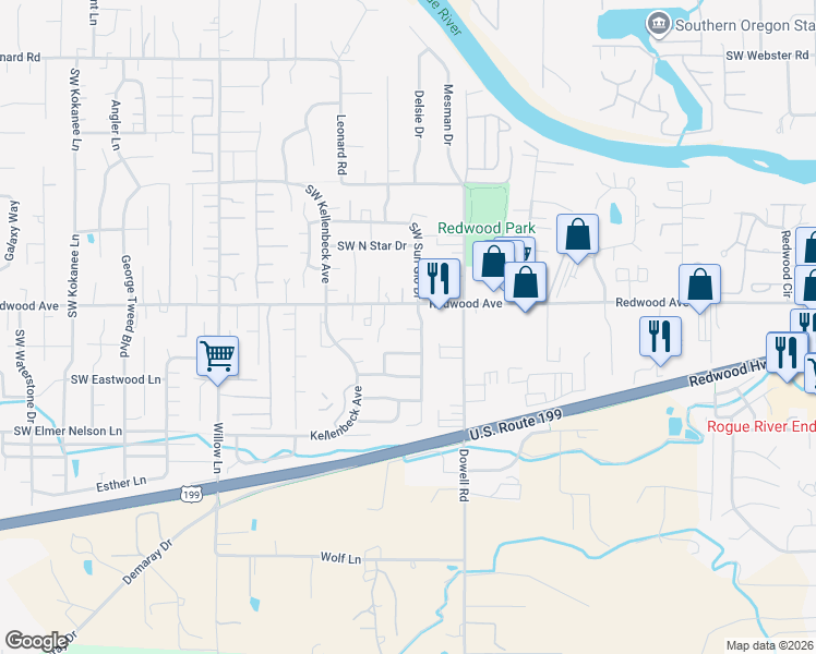 map of restaurants, bars, coffee shops, grocery stores, and more near 2115 Fahey Way in Grants Pass