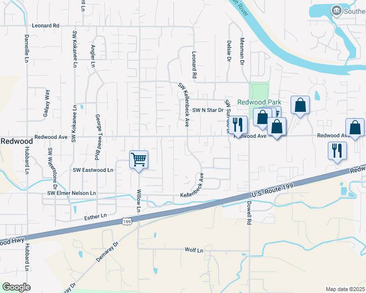 map of restaurants, bars, coffee shops, grocery stores, and more near 2231 Redwood Avenue in Grants Pass