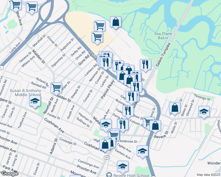 map of restaurants, bars, coffee shops, grocery stores, and more near 95 Gage Avenue in Revere
