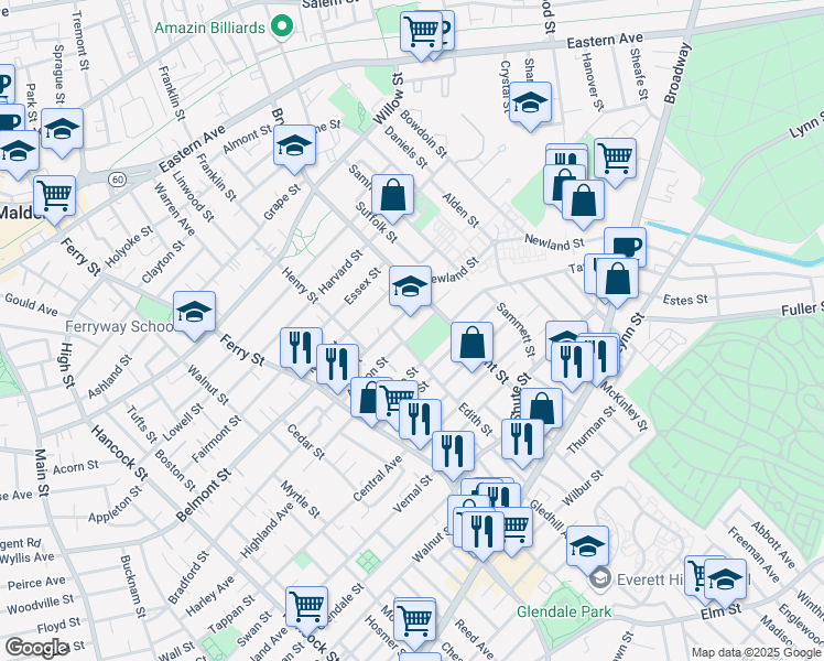 map of restaurants, bars, coffee shops, grocery stores, and more near 117 Edith Street in Everett