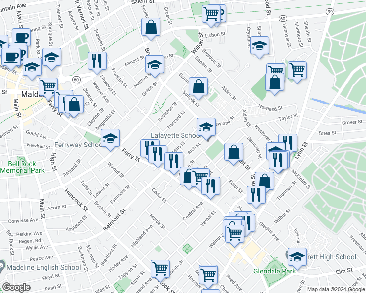 map of restaurants, bars, coffee shops, grocery stores, and more near 83-85 Mills Street in Malden