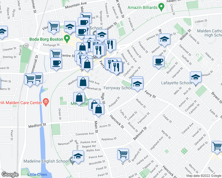 map of restaurants, bars, coffee shops, grocery stores, and more near 67 Newhall Street in Malden