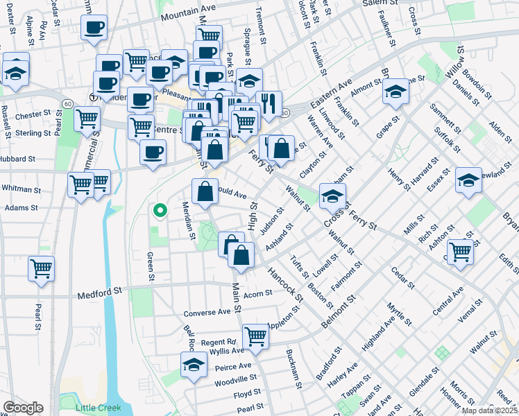 map of restaurants, bars, coffee shops, grocery stores, and more near 67 Newhall Street in Malden