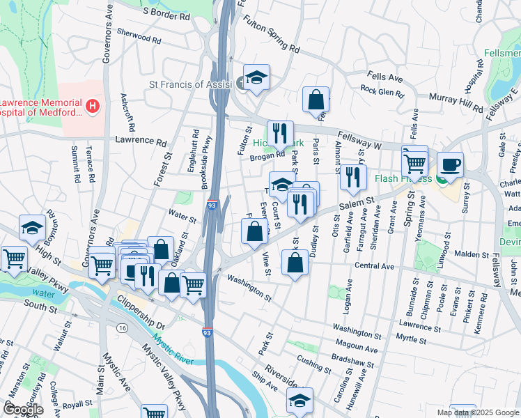 map of restaurants, bars, coffee shops, grocery stores, and more near 42 Fulton Street in Medford