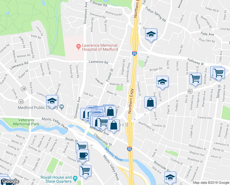 map of restaurants, bars, coffee shops, grocery stores, and more near 29 Water Street in Medford
