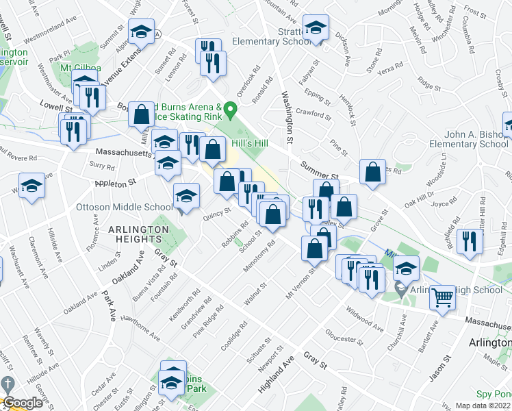 map of restaurants, bars, coffee shops, grocery stores, and more near 26 Laurel Street in Arlington