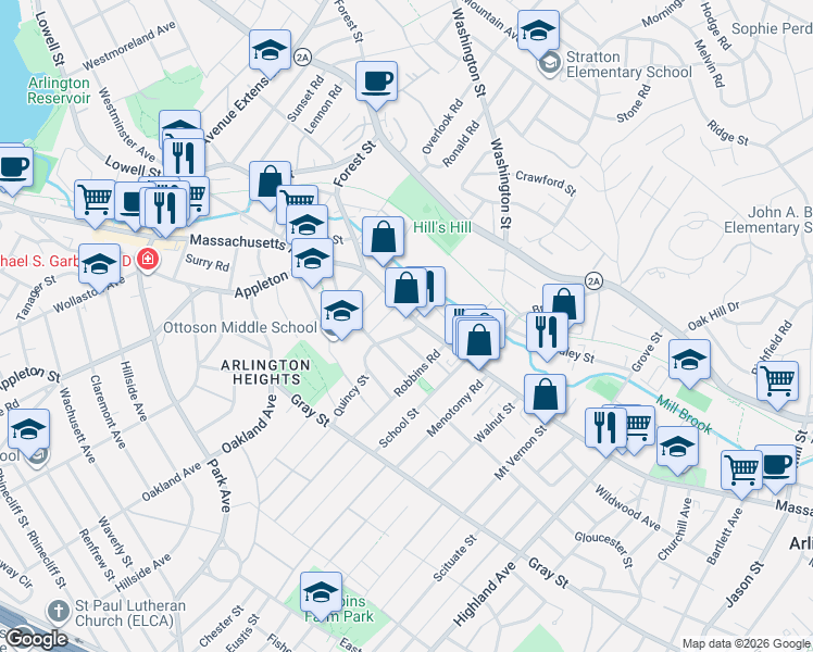 map of restaurants, bars, coffee shops, grocery stores, and more near 15 Quincy Street in Arlington