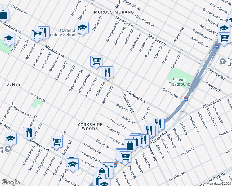 map of restaurants, bars, coffee shops, grocery stores, and more near 10620 Morang Avenue in Detroit