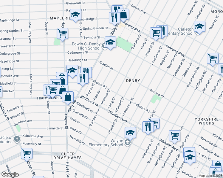 map of restaurants, bars, coffee shops, grocery stores, and more near 11625 Duchess Street in Detroit