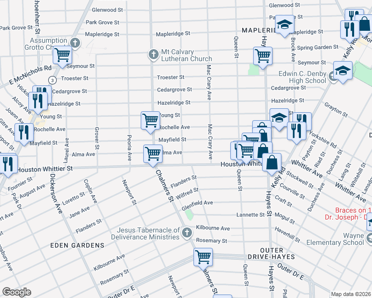 map of restaurants, bars, coffee shops, grocery stores, and more near 14514 Alma Avenue in Detroit