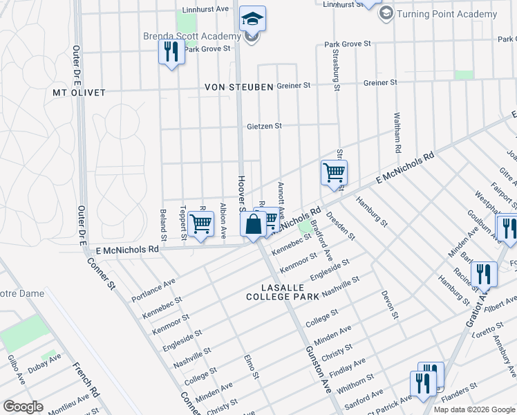 map of restaurants, bars, coffee shops, grocery stores, and more near 17200 Rowe Street in Detroit