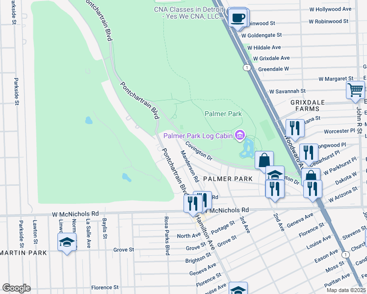 map of restaurants, bars, coffee shops, grocery stores, and more near 17673 Manderson Road in Highland Park