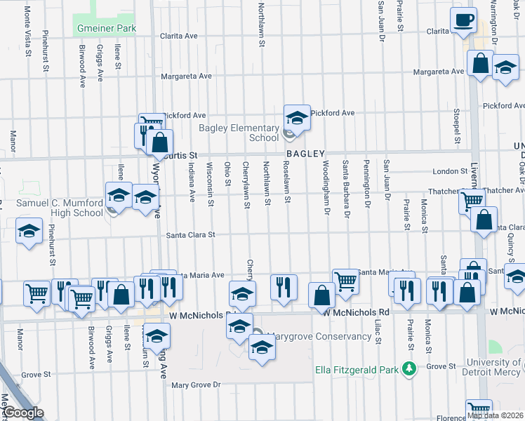 map of restaurants, bars, coffee shops, grocery stores, and more near 17555 Northlawn Street in Detroit