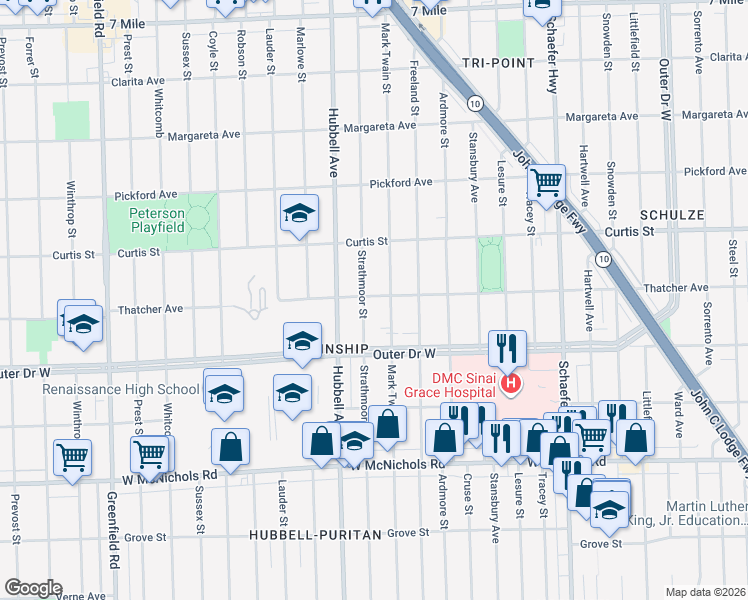 map of restaurants, bars, coffee shops, grocery stores, and more near 17586 Strathmoor Street in Detroit