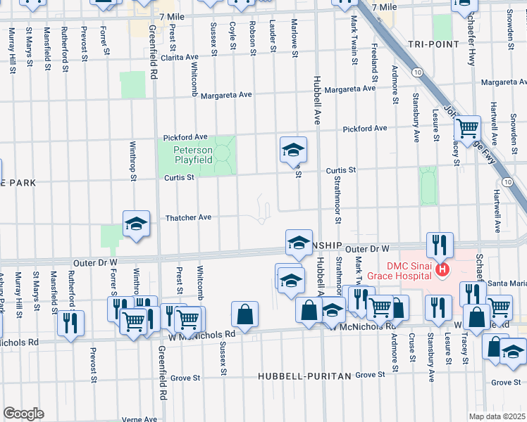map of restaurants, bars, coffee shops, grocery stores, and more near 6700 Outer Drive West in Detroit