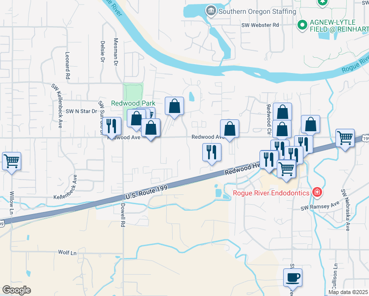 map of restaurants, bars, coffee shops, grocery stores, and more near 100 Pardee Lane in Grants Pass