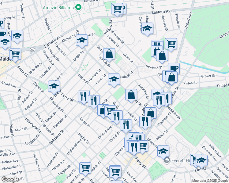 map of restaurants, bars, coffee shops, grocery stores, and more near 117 Edith Street in Everett