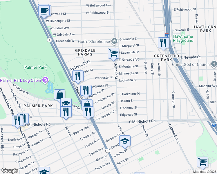 map of restaurants, bars, coffee shops, grocery stores, and more near 63 Cedarhurst Place in Detroit