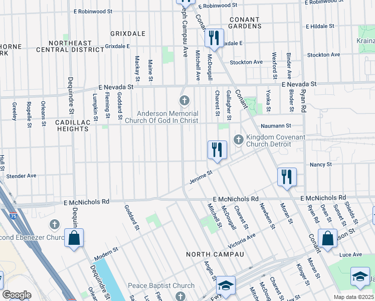 map of restaurants, bars, coffee shops, grocery stores, and more near 17442 Joseph Campau Avenue in Detroit