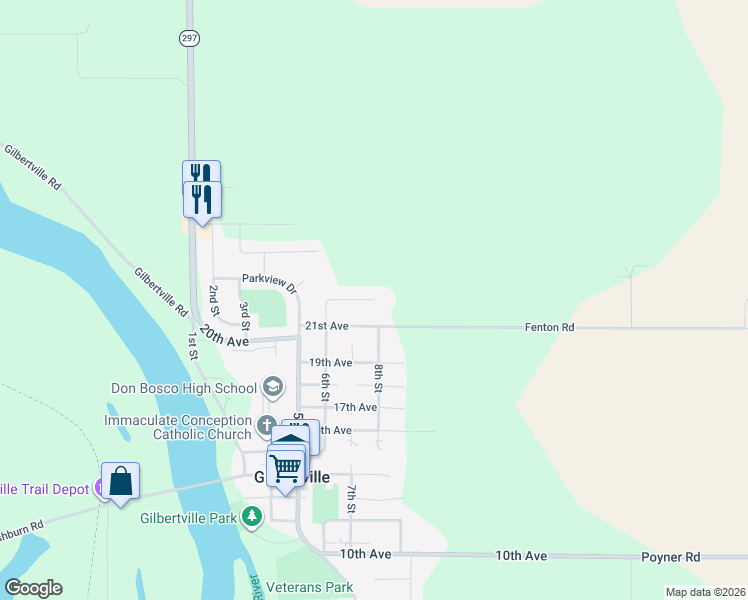 map of restaurants, bars, coffee shops, grocery stores, and more near 626 22nd Avenue in Gilbertville