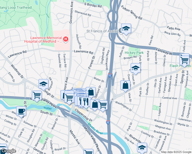map of restaurants, bars, coffee shops, grocery stores, and more near 5 Ash Street in Medford