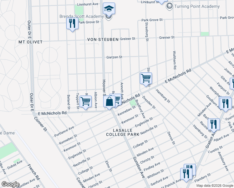 map of restaurants, bars, coffee shops, grocery stores, and more near 17200 Rowe Street in Detroit
