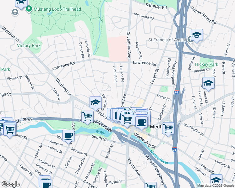map of restaurants, bars, coffee shops, grocery stores, and more near 19 Summit Road in Medford