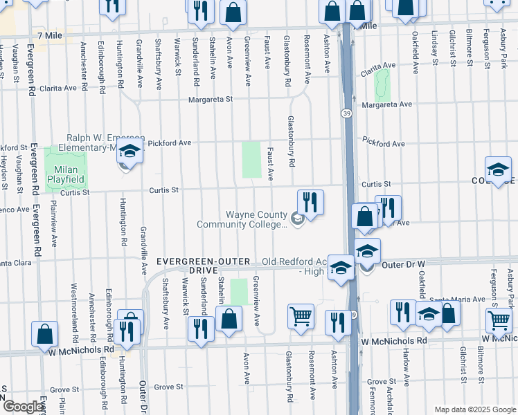 map of restaurants, bars, coffee shops, grocery stores, and more near 17682 Greenview Avenue in Detroit