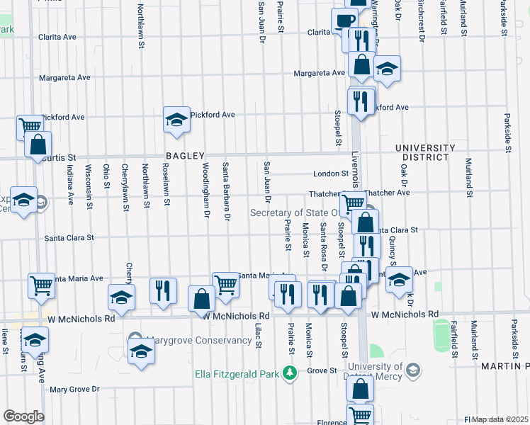 map of restaurants, bars, coffee shops, grocery stores, and more near 17545 San Juan Drive in Detroit