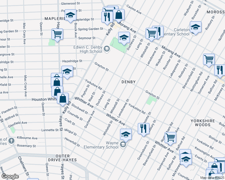 map of restaurants, bars, coffee shops, grocery stores, and more near 11627 Laing Street in Detroit