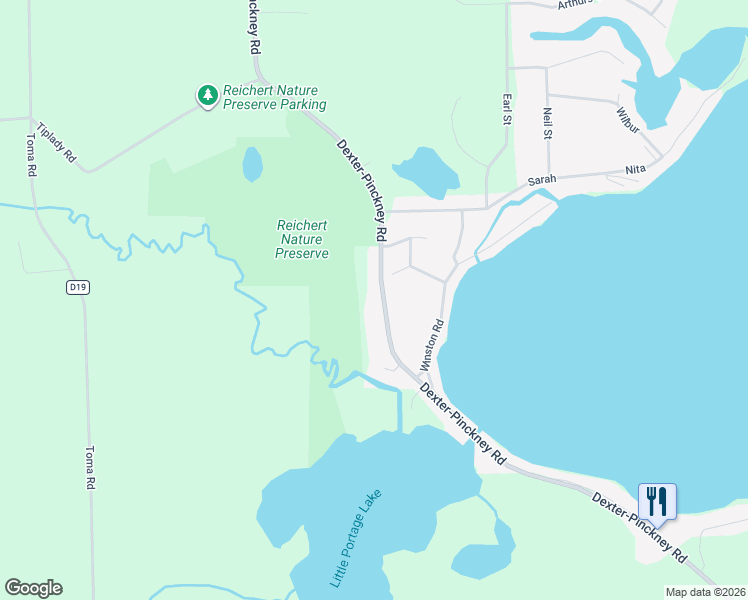 map of restaurants, bars, coffee shops, grocery stores, and more near 9805 Dexter-Pinckney Road in Pinckney