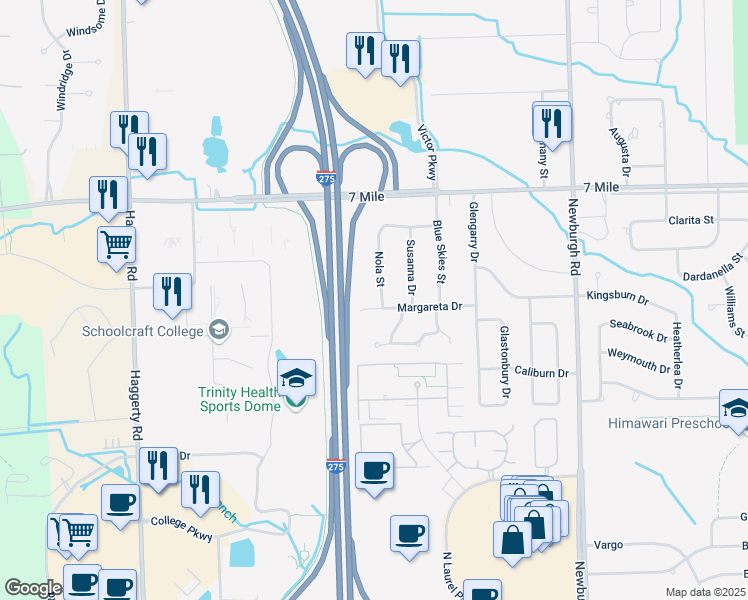 map of restaurants, bars, coffee shops, grocery stores, and more near 37912 Margareta Drive in Livonia