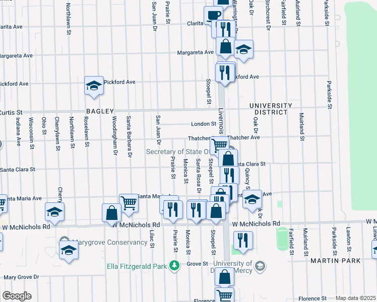 map of restaurants, bars, coffee shops, grocery stores, and more near 17566 Monica Street in Detroit