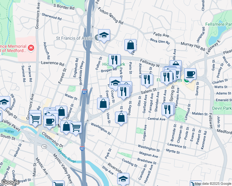 map of restaurants, bars, coffee shops, grocery stores, and more near 24 Medford Street in Medford