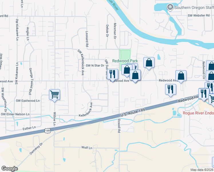map of restaurants, bars, coffee shops, grocery stores, and more near 2115 Fahey Way in Grants Pass