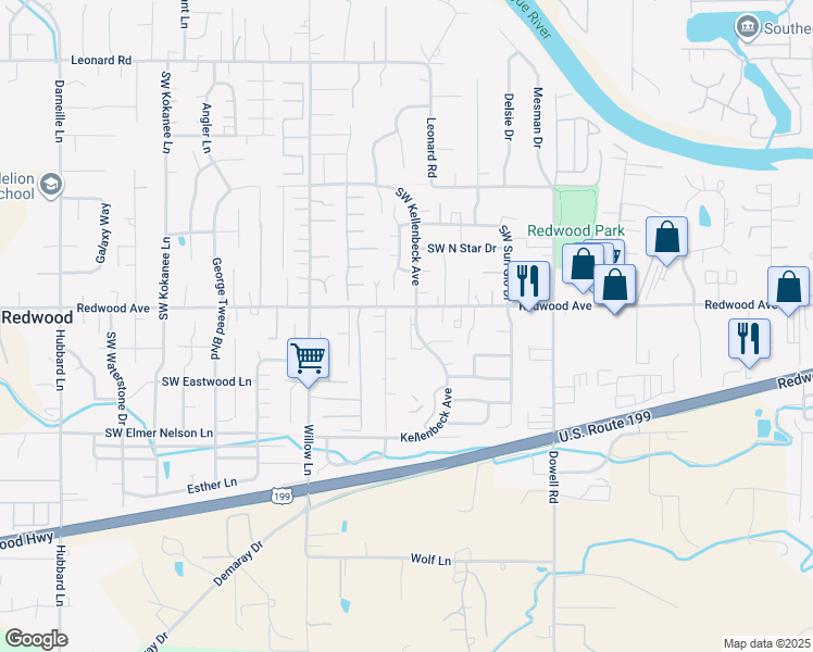 map of restaurants, bars, coffee shops, grocery stores, and more near 2231 Redwood Avenue in Grants Pass