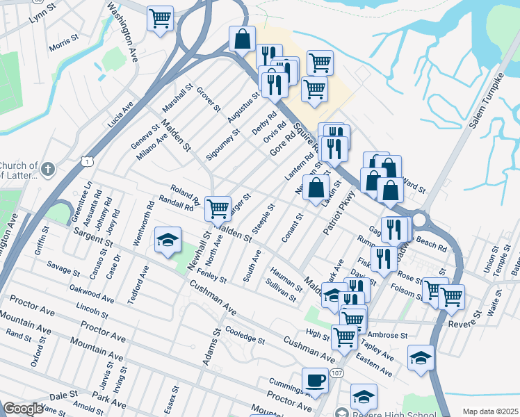 map of restaurants, bars, coffee shops, grocery stores, and more near 41 Lantern Road in Revere