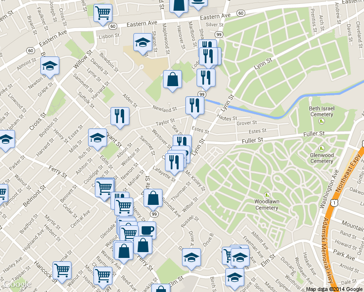 map of restaurants, bars, coffee shops, grocery stores, and more near 19 Porter Street in Everett