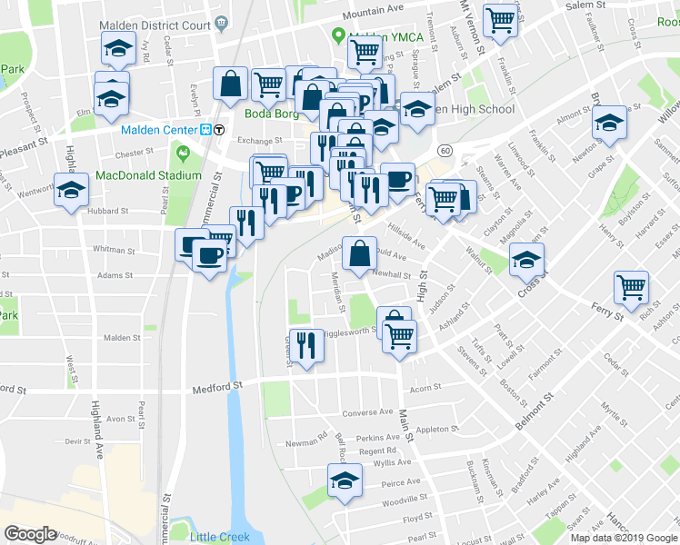 map of restaurants, bars, coffee shops, grocery stores, and more near in Malden