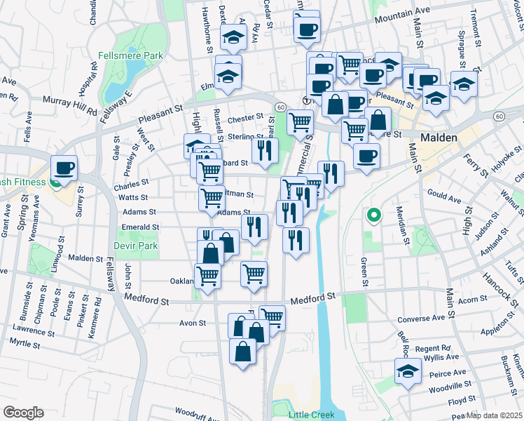 map of restaurants, bars, coffee shops, grocery stores, and more near 38 Adams Street in Malden