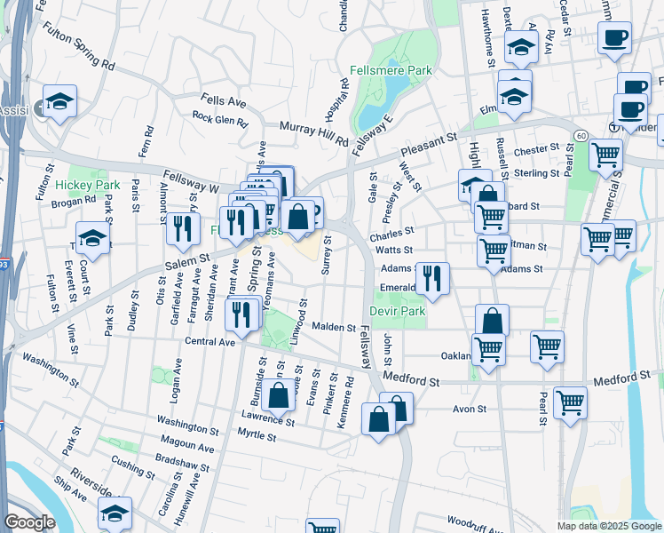 map of restaurants, bars, coffee shops, grocery stores, and more near 107 Surrey Street in Medford