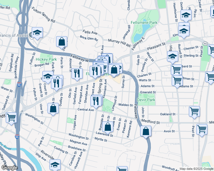 map of restaurants, bars, coffee shops, grocery stores, and more near 16 Emerald Street in Medford