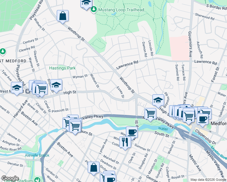 map of restaurants, bars, coffee shops, grocery stores, and more near 7 Whitman Road in Medford