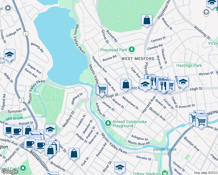 map of restaurants, bars, coffee shops, grocery stores, and more near 15 Kilgore Avenue in Medford