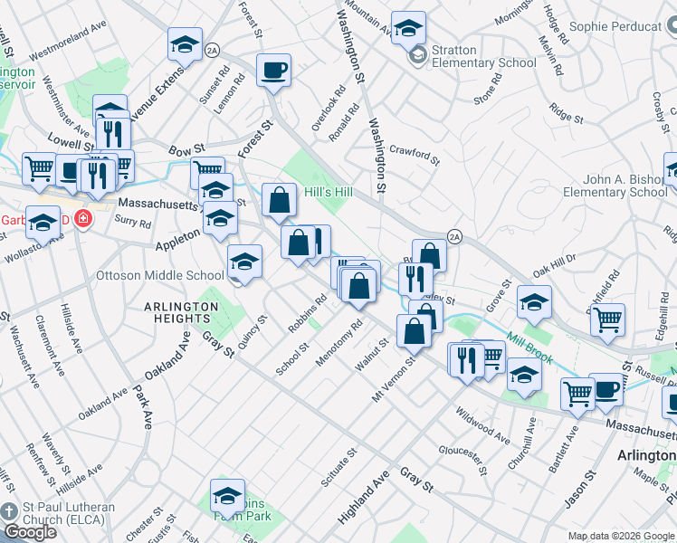 map of restaurants, bars, coffee shops, grocery stores, and more near 27 Laurel Street in Arlington