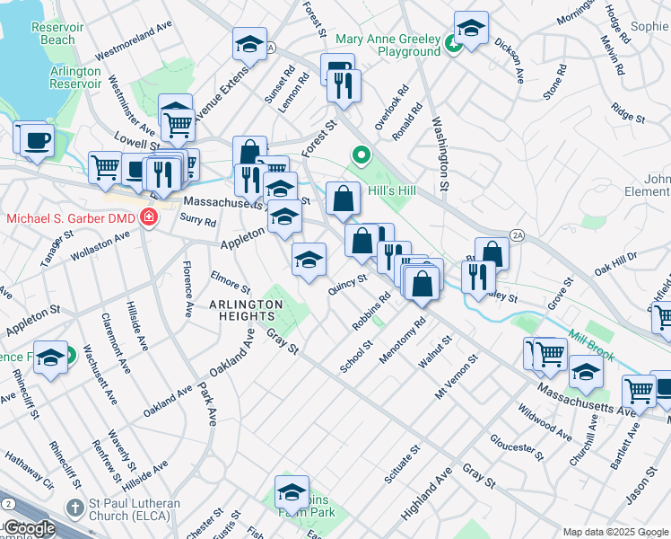 map of restaurants, bars, coffee shops, grocery stores, and more near 36 Appleton Place in Arlington