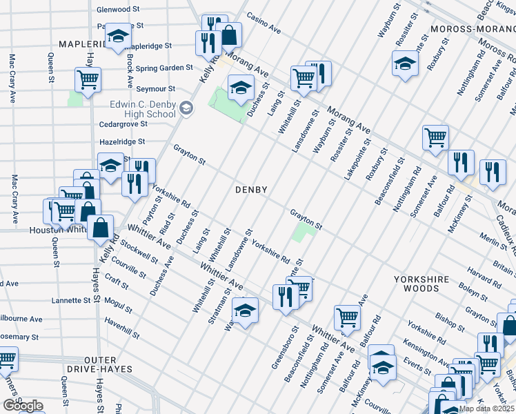 map of restaurants, bars, coffee shops, grocery stores, and more near 11490 Lansdowne Street in Detroit