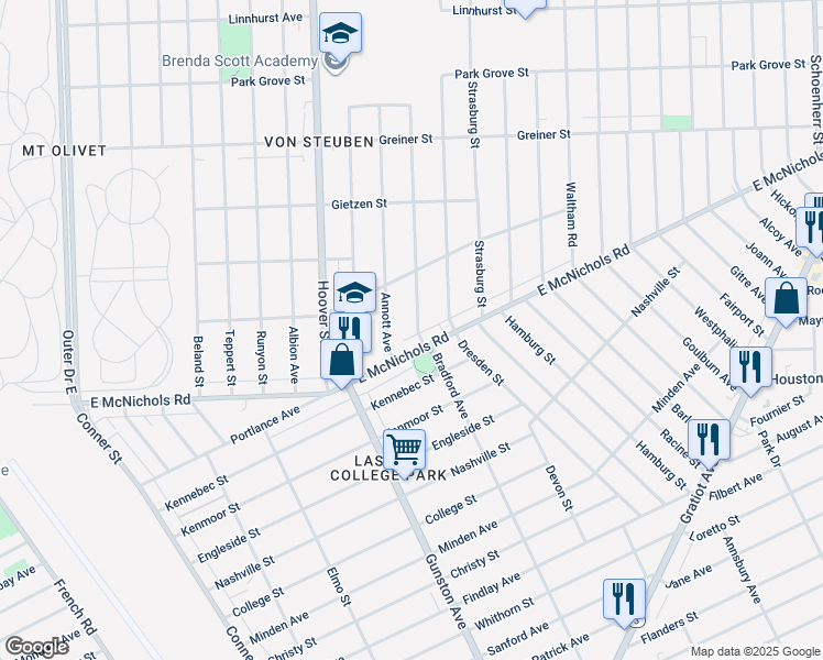 map of restaurants, bars, coffee shops, grocery stores, and more near 11931 East McNichols Road in Detroit